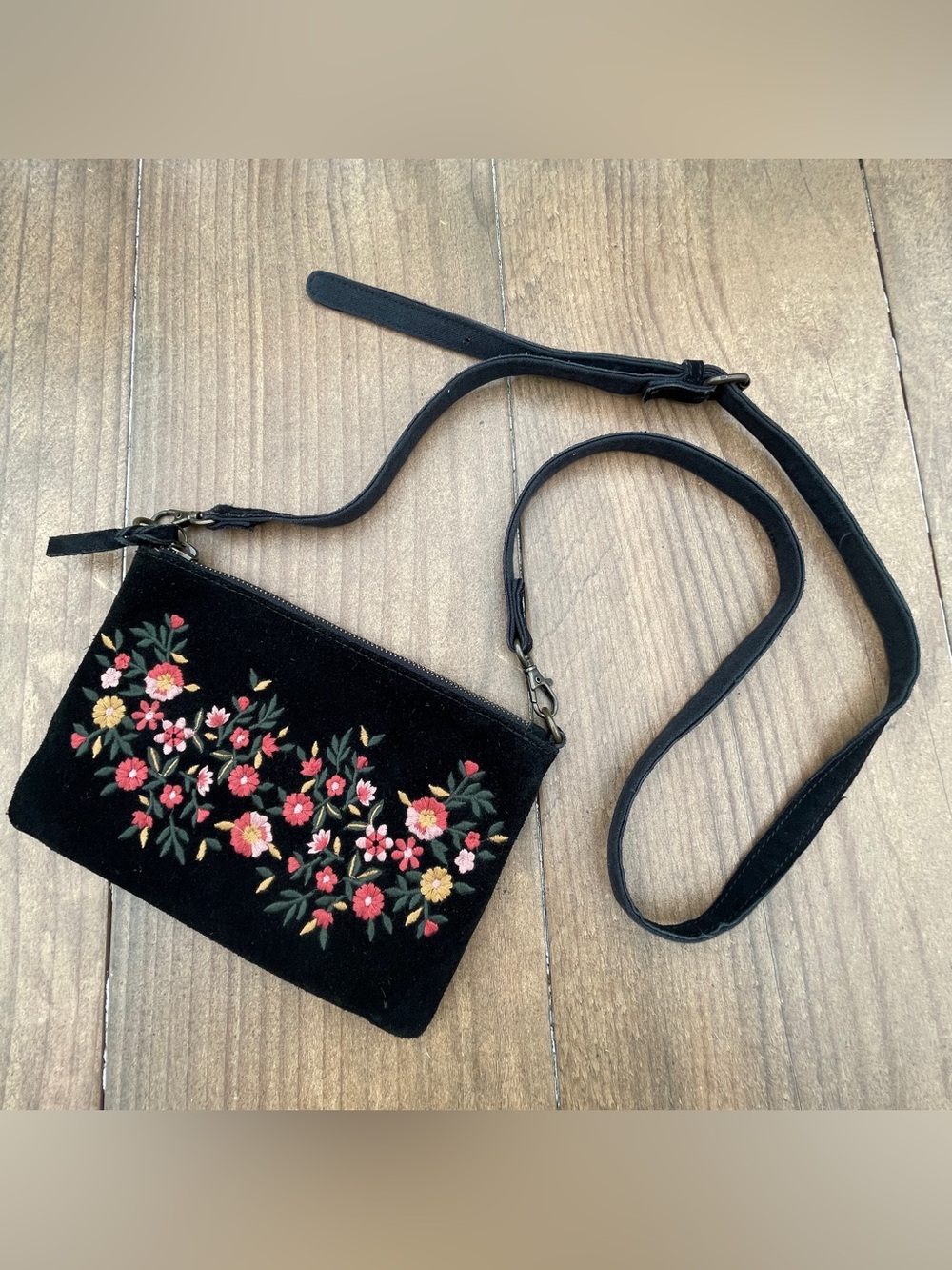 Earthbound Trading Co Leather Crossbody with Pink & Red Floral Embroidery